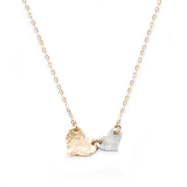 Double-Heart, Hand-Hammered Necklace (Gold & Silver)