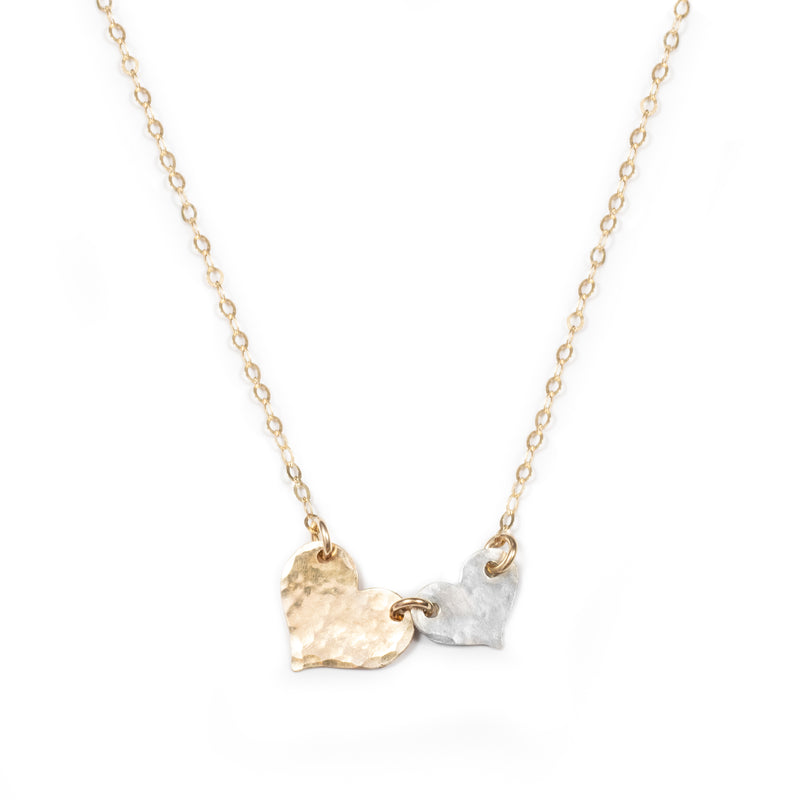 Double-Heart, Hand-Hammered Necklace (Gold & Silver)