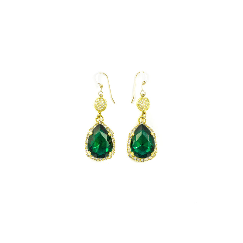Tear Drop Halo Earrings (Emerald)